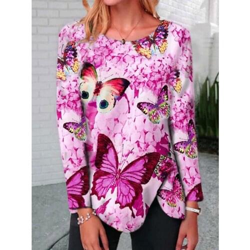 Autumn Long Sleeve Oversized T Shirt Women O Neck Butterfly Print Irregular T-Shirts Casual Loose Tee Ladies Tops Poleras Mujer
