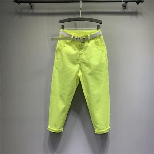 Korea-style Fluorescent Yellow Ankle-length Jeans Women 2021 New Summer Candy Color Harem Denim Pants Loose Casual Trousers