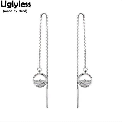 Uglyless 100% Real 925 Sterling Silver Crystal Earrings for Women One Drop of Water Long Ear Lines Summer Dress Wild Brincos