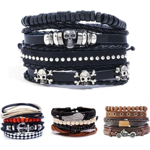 4 PCs/set Vintage Cowhide Twine Beads Bracelets Men Personality Skull Wings Wristbands Women Fashion Hand woven Alloy Bracelet