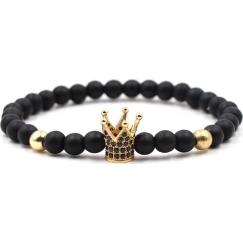 6mm Matte Black Stone Beads Bracelets & Bangle King Queen Couple Bracelet Pave CZ Crown for Lovers His And Hers Jewelry Handmade