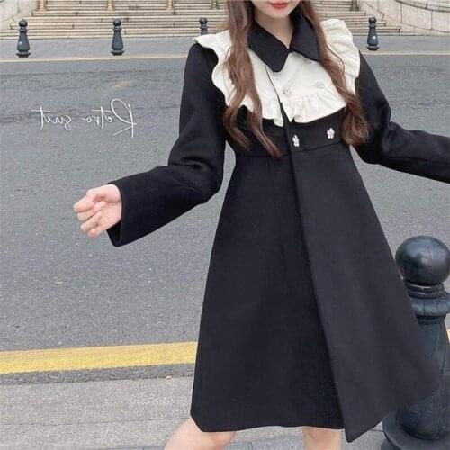 Black Woolen Dress Autumn And Winter Retro Temperament Doll Collar Stitching Long Sleeves Mid-length A-line Dress