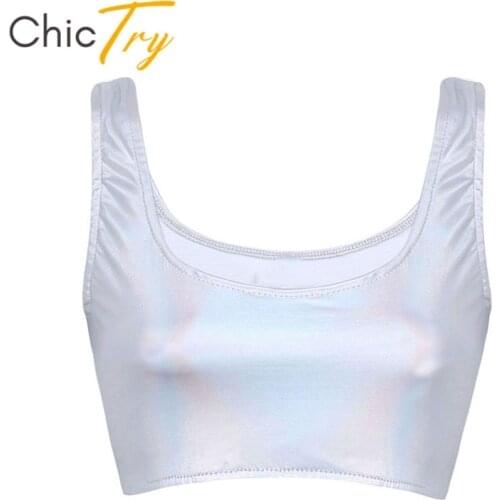 ChicTry Fashion Silver Shiny Faux Leather Sleeveless Scoop Neck Rave Festival Nightclub Party Pole Dance Costume Women Crop Tops