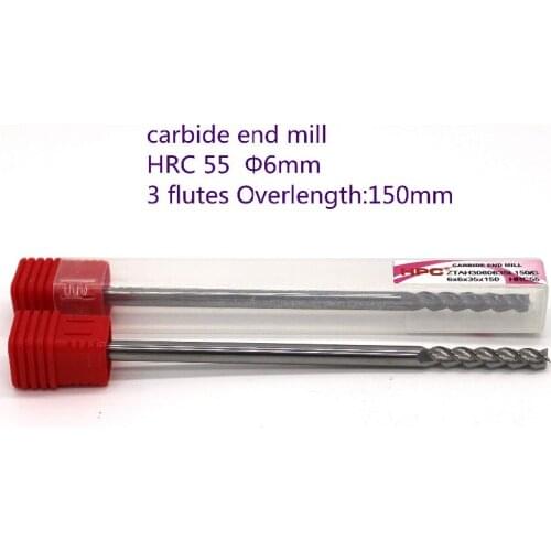 Blade diameter 6mm ,overlength :150mm of 3 flutes HRC55 flat end mills carbide end milling tungsten CNC mills cutter
