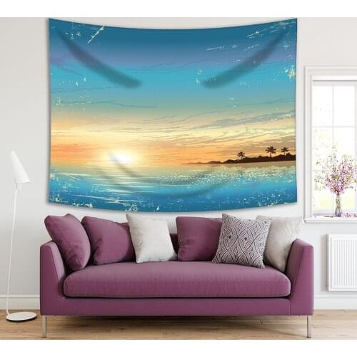 Tapestry Island with Palm Trees Sunset Clear Sky Seaside Vintage Aged Photograph Blue and Beige Printed