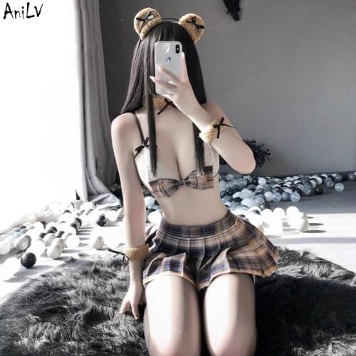 AniLV Girl Cute Little Bear Erotic Uniform Set Costumes Cosplay School Student Lace Bra Pleated Skirt Lingerie Outfit 2021 New