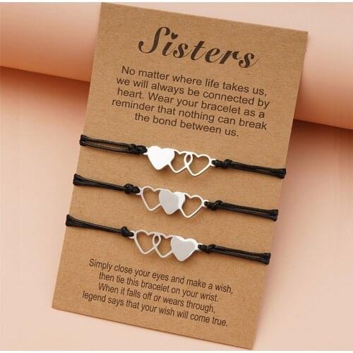 3PCS Matching Heart Sister Card Bracelet Stainless Steel Handmade Braided Charm Bracelet Friendship Jewelry Gifts for Girls
