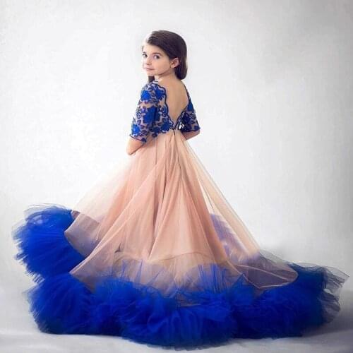 Royal Blue A Line 2020 Girls Pageant Dresses Lace Half Sleeves Flower Girls Princess Dress Formal Birthday Party Wear
