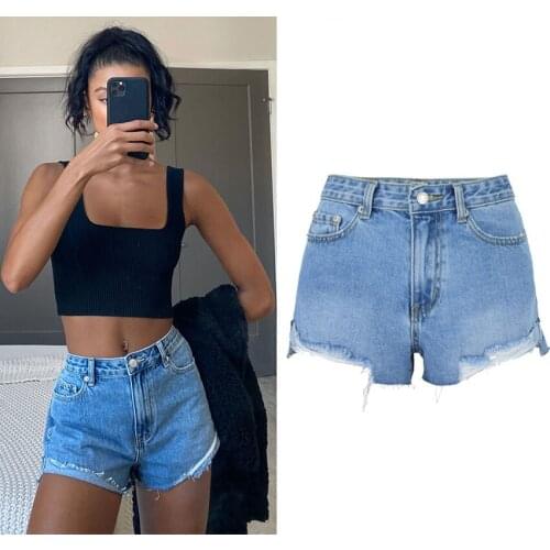 New High-Waisted Thin Super Soft Split Denim Shorts Short Front Long Beach Vacation Style European And American Womens Clothing