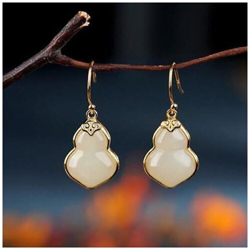 Creative new silver inlaid natural Hetian white jade wishful gourd earrings retro cold wind exquisite luxury ladies jewelry