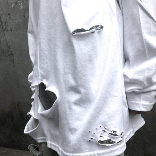 Autumn men personality ripped destroyed holes punk long sleeve t shirt women couple vintage street hip hop tee shirts