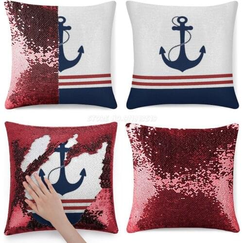Nautical Anchor Sequin Pillowcase Throw Pillow Cover for Sofa 40X40cm Mermaid Nautical Beach Summer Anchor Stripes Red White Nav
