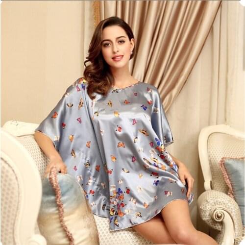 New Satin Silk Nightgwon Plus Size Women Sexy Nightgown Butterfly Print Summer Sleepshirts Batwing Sleeve Sleepwear Dress