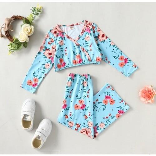 New Girls Outfits Kids Clothes 2 Pcs Sets Boho Style Flower Print Long Sleeve V-neck Tops+long Pants Cotton Spring Autumn 1-6Y