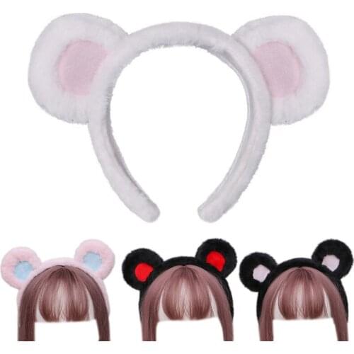 Women Girls Furry Plush Bear Ears Headband Female Cute Contrast Color Fluffy Elastic Hair Hoop Japanese Kawaii Cosplay Headpiece