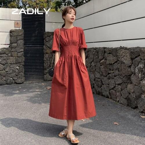 ZADILY France Style Folds Emprie Half Sleeve Women Dress Casual Solid O Neck Ladies Maxi Dresses 2021 Summer Female Holiday Robe