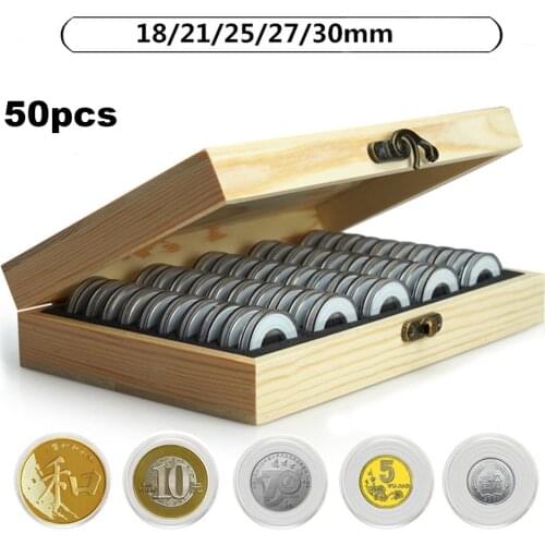 50Pcs Clear Coin Capsule Case with Protector Gasket and Wooden Storage Box for Collections Challenge Military Coins Medal Holder
