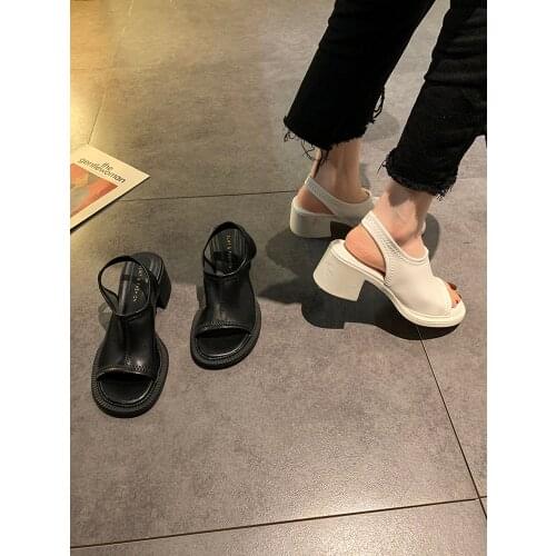 6 Cm Square Heel Solid Color Retro Simple Ladies Fish Mouth Sandals Hot Sale In Summer Fashion Set Foot Roman High Heel Sandals