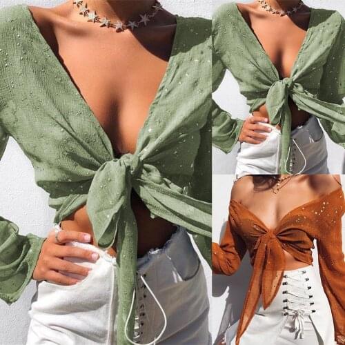Sexy Women Gold Stamping Deep V Neck Chest Bandage See Through Loose Crop Top Lady Shirts All-Matching spring Women Top