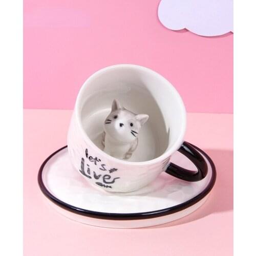 Cute Cartoon Creative Mugs Cat Inside Coffee Cup Dish Ceramic Cup Restaurant Milk Tea Breakfast Cup Coffee Tumbler Student Gift