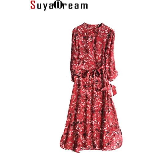 SUYADREAM Women Long Dress 100%Silk Crepe Printed 3/4 Sleeveless O neck Calf Length Belted Dresses 2020 Summer Fall New