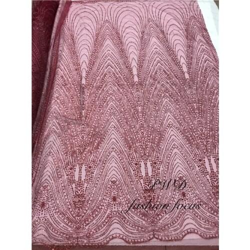 Wine red hand print glued glitter sequins lace fabric on sale mesh embroidery lace for evening dress