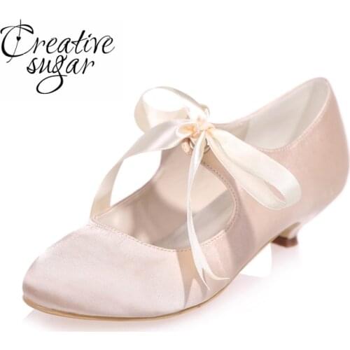 Creativesugar vintage style ribbon tie lace up mary jane kitten heel woman satin evening dress shoes prom wedding bridal heels