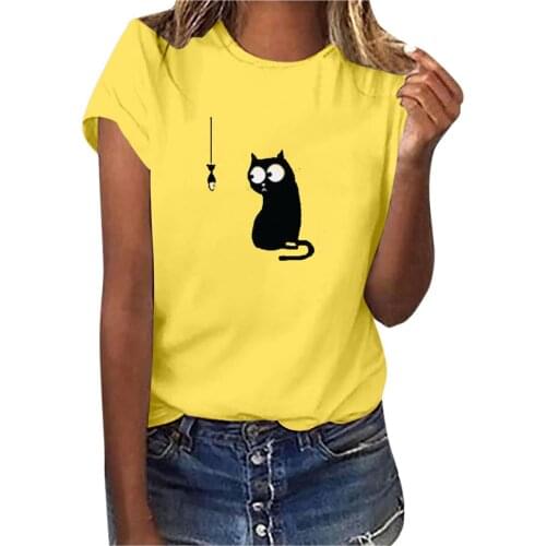 Summer Funny Cat Fish Print Tshirt Women 2021 Casual Korean Style O-Neck Short Sleeves Cute Cartoon Tops Female Camisas De Mujer