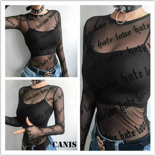 2021 Summer Women Letter Print Mesh T-Shirts Fashion Tops See-Through Perspective Long Sleeve Black Tee Shirt Club Blusas