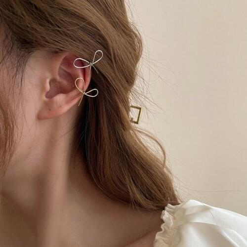 AOMU Korean Gold Silver Color Metal Line Bow Ear Bone Clip Non-Pierced Simple Irregular Geometric Hollow Earrings for Women