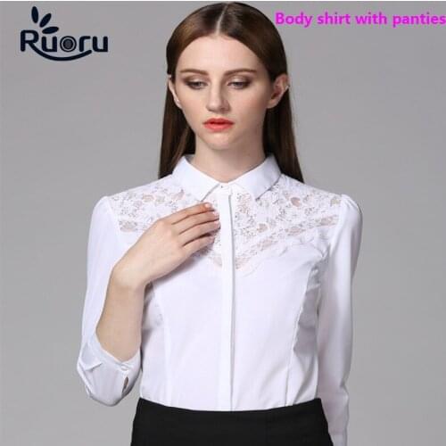 Ruoru Slim Womens Body Suit Three Quarter Chiffon Body Blouse Lace White Blouse Black Lace Tops Body Blusas Embroidery Blouse