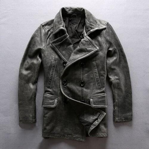 A1657 Read Description! Asian Size Super Quality Excellent Cow Leather Winter Jacket Mens Classic Cowhide Pea Coat