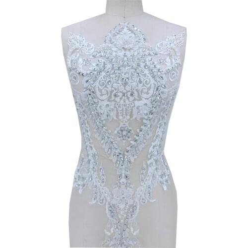 Handsewing peal silver Rhinestones ivory white lace applique trim patches 69*30cm for wedding dress skirt