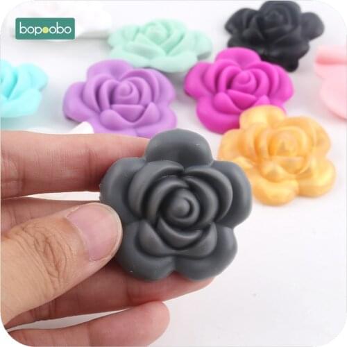 Bopoobo 5pc BPA Free Silicone Teether Rose Beads Silicone Flower Pendant Food Grade Teether DIY Crafts Sensory Chewing Toy