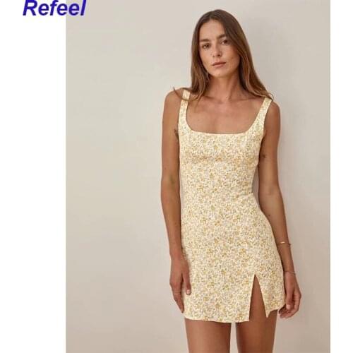 Elegant Women Summer Dress Cute Yellow Floral Print Speghetti Sleeveless Holiday Chiffon Split Mini Dress Femme Vestidos