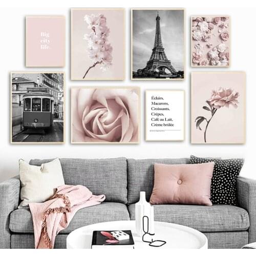 Eiffel Railroad Peach Blossom Rose Flower Wall Art Canvas Painting Nordic Posters And Prints Wall Pictures For Living Room Decor