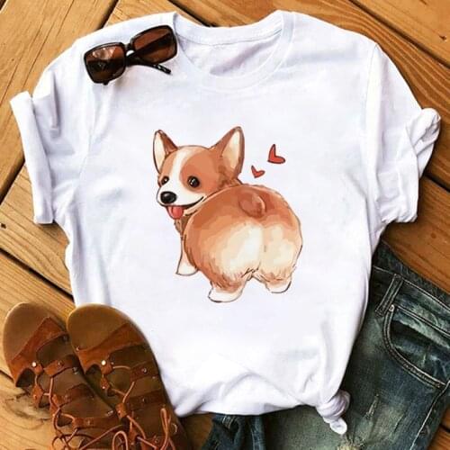 Funny Cute Corgi Dog Printed T-Shirt Harajuku 90s Kawaii Women Short Sleeves T Shirts Tops Graphic Tees Female Tshirt