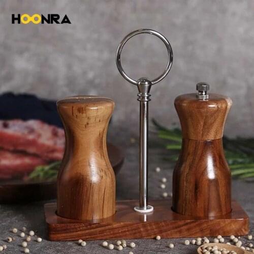 HOONRA Salt and Pepper Grinder Wood Pepper Spice Grinder Set kitchen Handheld Seasoning Grinder Spice Jar Ceramic Grinding Core
