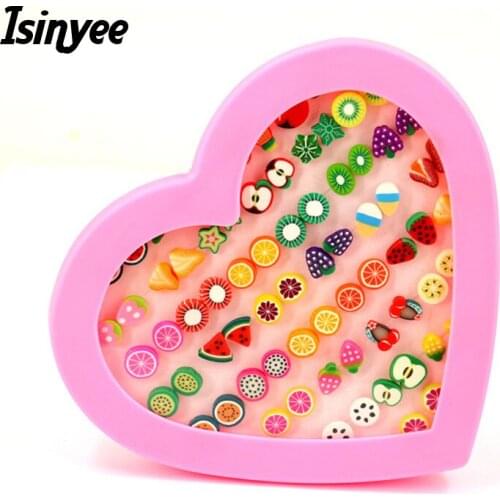 ISINYEE 36 Pairs/set Fashion Small Fruit Animal Flower Stud Earrings Sets For Kids Trendy Candy Jewelry Childrens Day Gift