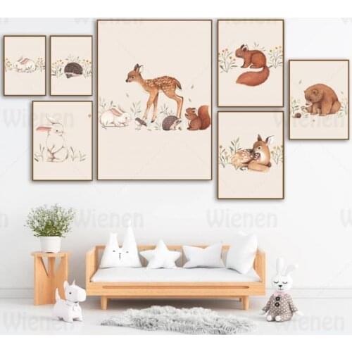 Canvas Painting Fox Deer Rabbit Squirrel Bear Hedgehog Cartoon Animals Wall Art Nordic Posters And Prints Kids Room Decoration