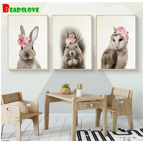 Cute Animals With Flowers diamond painting full square round drill Rabbit Nordic Bunny Picture Kids Baby Girls Room Home Decor