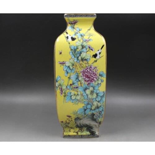 Qing Dynasty Qianlong painted gold enamel flowers and birds square vase antique old goods porcelain household furnishing antiq