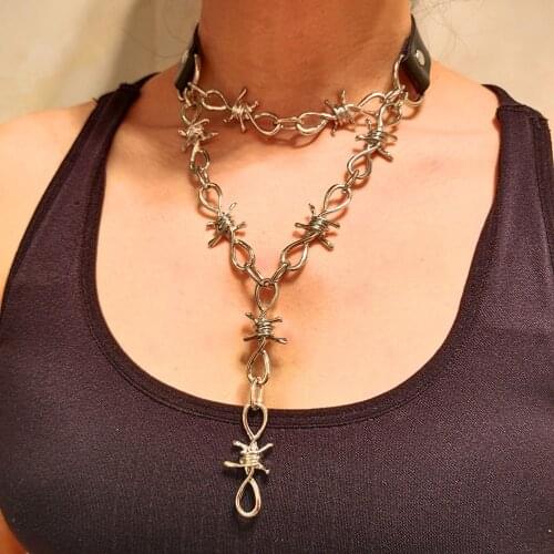 Punk Hip Hop Style Unisex Thorns Chain Necklaces Harajuku Goth Streetwear Leather Choker Necklace For Women Men Collar Jewelry