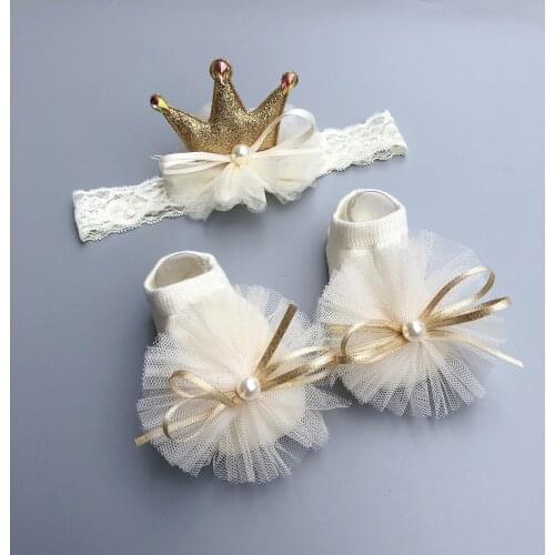 New Born Lace Flower Bow Mesh Crown Headband + Floor Socks Sets Infant Baby Anti Slip Cotton Floor Socks Kids Girl Birthday Gift