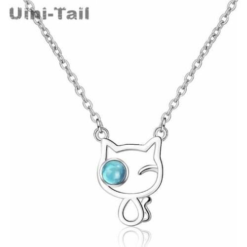 Uini-Tail hot new 925 sterling silver cute cat necklace simple fashion wild tide flow blue eyes cat necklace girls favorite