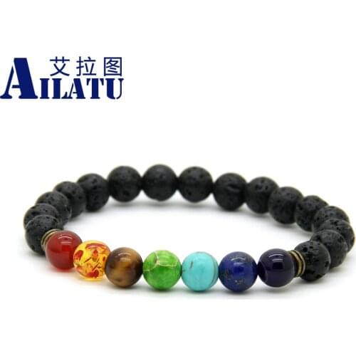 Ailatu Trendy Jewelry Lava Stone with Sediment, Tiger Eye Stone 7 Reiki Chakra Healing Balance Beads Stretch Energy Bracelet