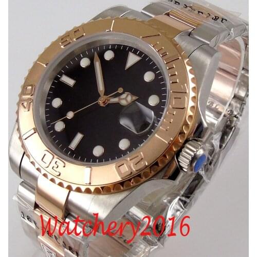 40mm Bliger Black Dial Luminous jubilee Rose Gold Rotating Bezel Sapphire Glass NH35 Date Automatic Mens Watch