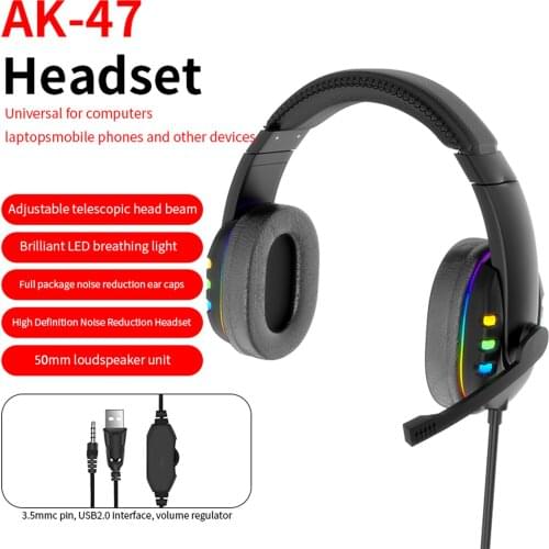 AK47 3.5mm Wired Gaming Headphones Over Ear Luminous Game Headset LED Breathing Light Earphone with Microphone Volume Control