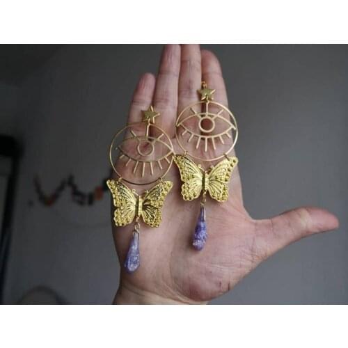 Natural Butterfly Earrings Amethyst Earrings gold plated Amethyst Jewelry Boho Bohemian Gift For Her