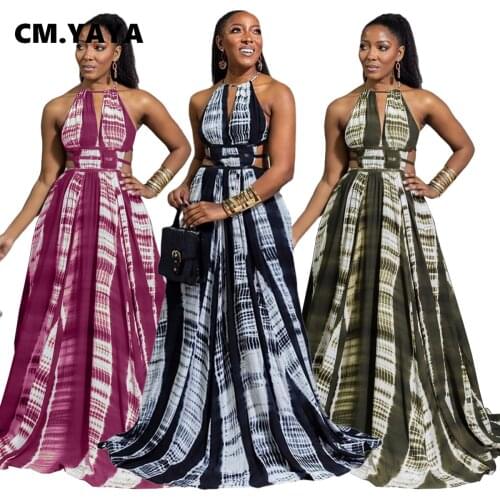 CM.YAYA Party Dress Women Print Sleeveless Halter Back Bandage Hollow Out Floor-length Dress Office Lady Elegant Dress Summer
